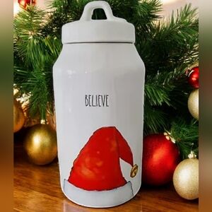 NWT Rae Dunn "BELIEVE" Tall White Santa Hat Christmas Canister/Cookie Jar
